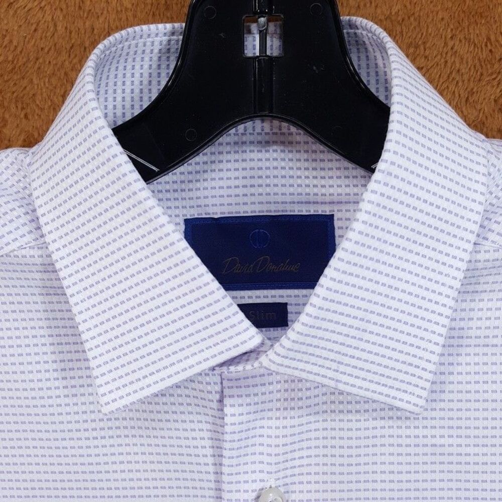 David Donahue Dress Shirt Mens Size 15 32 33 White Purple Line Dash Trim $155